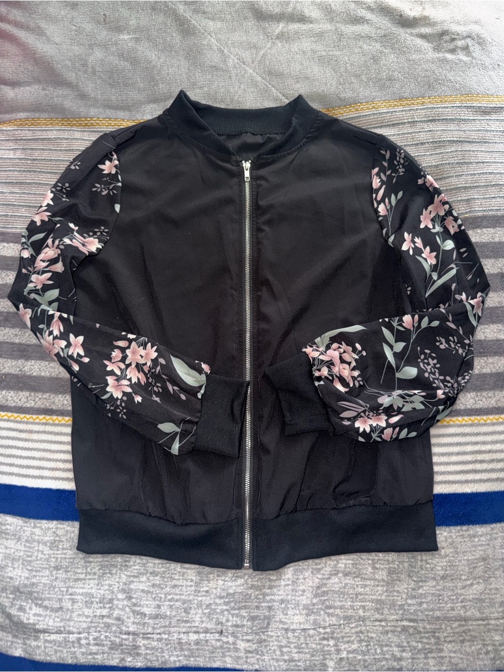 Floral-Sleeve Black Bomber Jacket